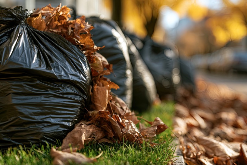 Bagged fall leaves on curb.
